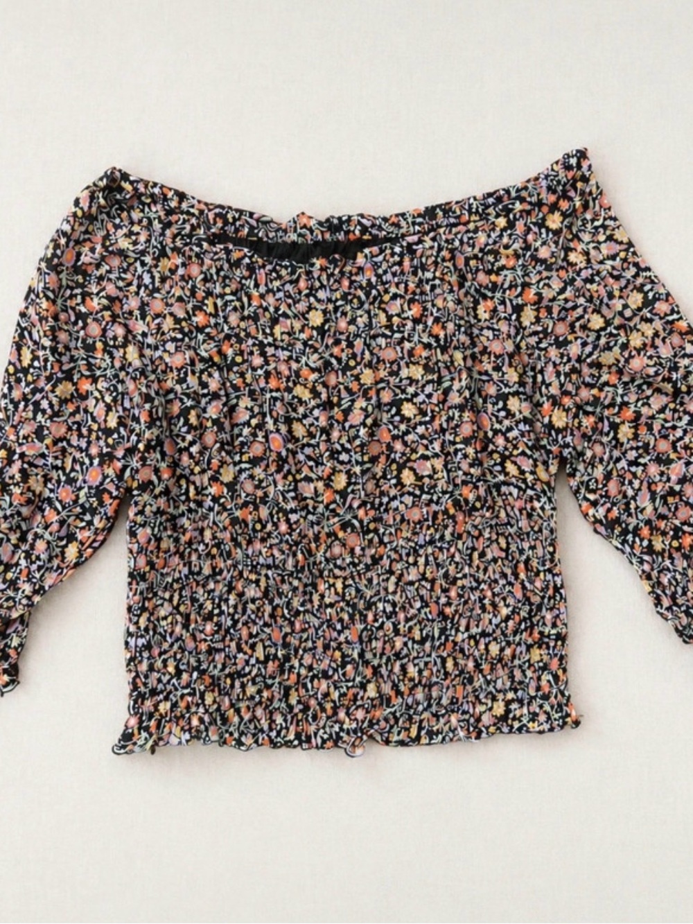 Anthropologie Black Floral Off-Shoulder Smocked Top